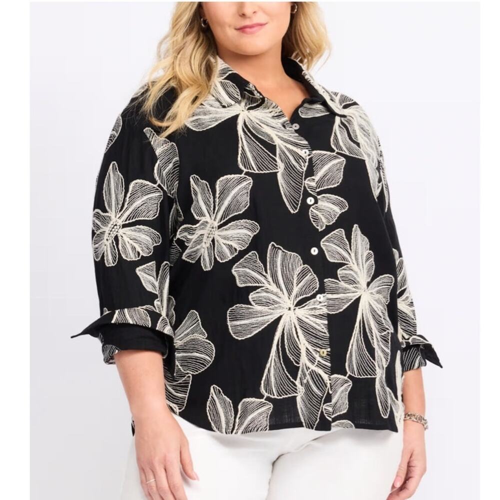 Black White Long Sleeve Floral Embroidered Button Down Top TRIBAL Women's 2X
